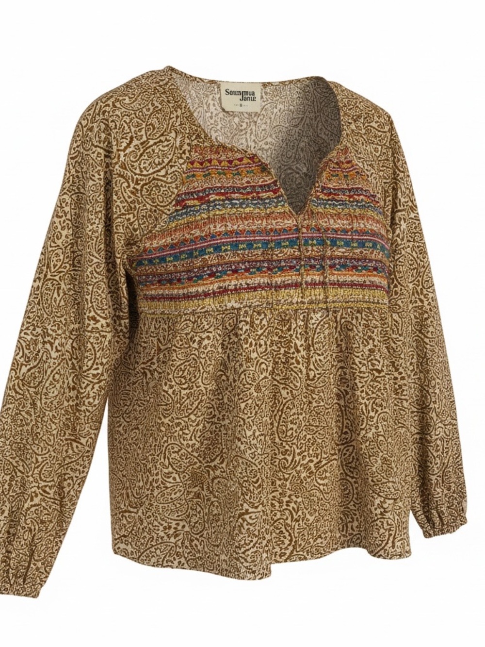 Savanna Jane Brown and Multicolor Blouse Embroidered top Boho style